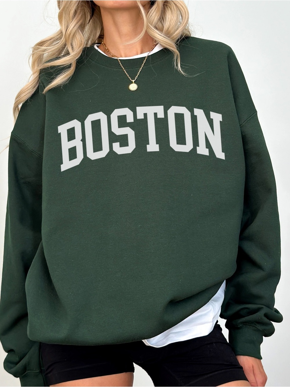 Forest Green Crewneck Sweatshirt with Boston Graphic